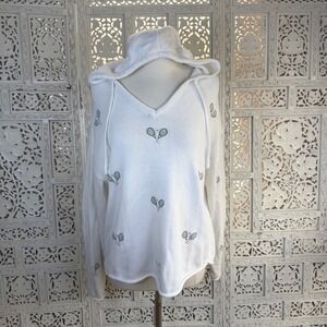 White‎ Tennis Theme Embroidered Drawstring Hoodie Womens Large Preppy Athleisure
